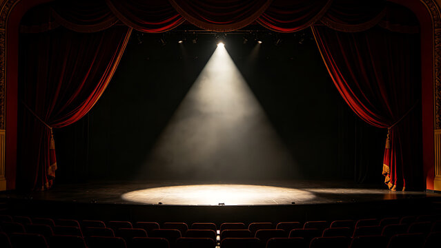 mortification. Theater curtain rises on an empty stage under a single dramatic spotlight. event programs, museum guides, designed for cultural heritage projects and event programs.