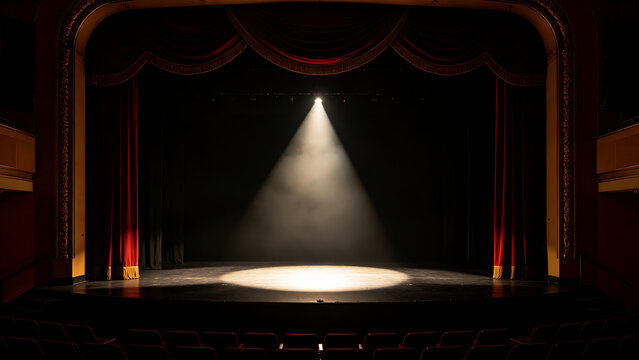 mortification. Theater curtain rises on an empty stage under a single dramatic spotlight. event programs, museum guides, designed for cultural heritage projects and event programs.