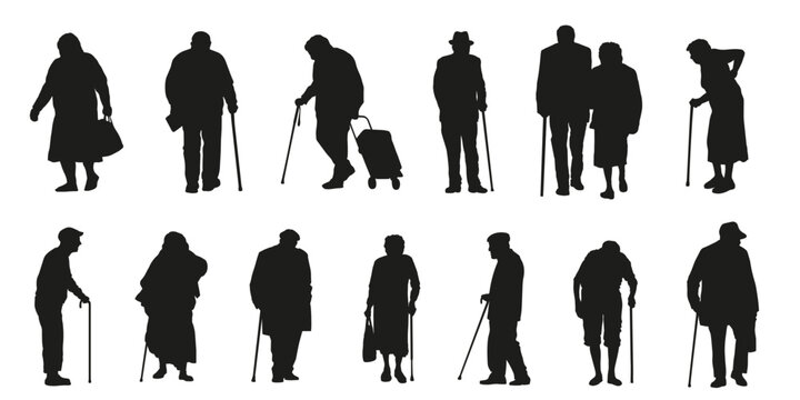 Set of senior citizens silhouettes, faceless stock characters representing retirement, mobility, and community care.