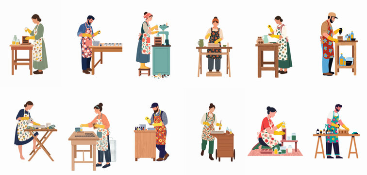 Flat vector illustrations of diverse artisans making handmade natural soaps and organic skincare products in a workshop setting on a white background.