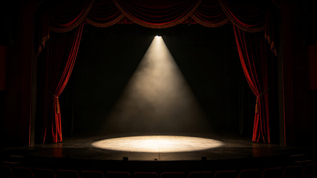 mortification. Theater curtain rises on an empty stage under a single dramatic spotlight. event programs, museum guides, designed for cultural heritage projects and event programs.