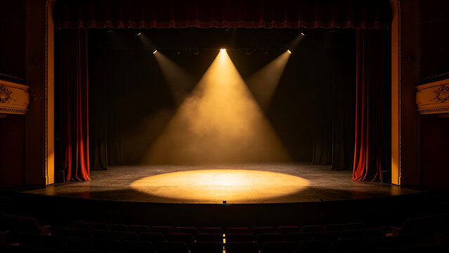 mortification. Theater curtain rises on an empty stage under a single dramatic spotlight. event programs, museum guides, designed for cultural heritage projects and event programs.