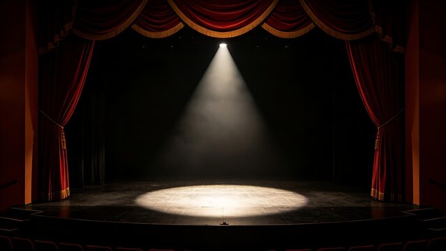 mortification. Theater curtain rises on an empty stage under a single dramatic spotlight. event programs, museum guides, designed for cultural heritage projects and event programs.