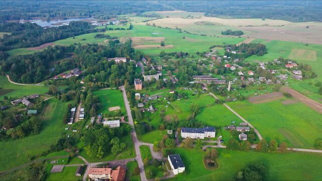 Aerial view Kalvene parish South Kurzeme Latvia rural village landscape