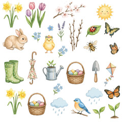 Obraz premium Cute spring birds and flowers illustration with colorful floral branches and nature design