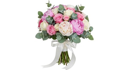 Fototapeta premium Elegant wedding bouquet with pink peonies and white roses, romantic bridal flower arrangement with eucalyptus, floral bunch with satin ribbon