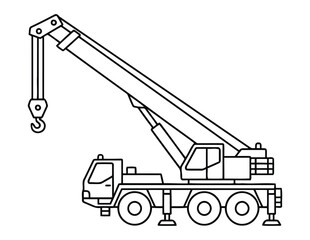 Crane truck construction vehicle with lifting boom hook in clean outline coloring page illustration © Crafter