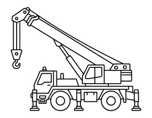 Mobile crane truck construction vehicle with boom and hook in clean outline coloring page illustration © Crafter
