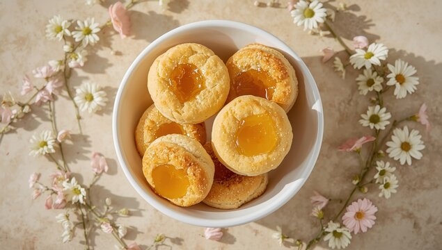 White bowl containing biscuits filled with pineapple jam. Overhead view.