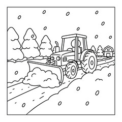 Obraz premium Tractor snow plow clearing road in winter forest coloring page clean outline