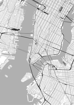 Modern minimalist black and white vector map of New York City. High-quality SVG illustration of NYC street grid, Manhattan, Brooklyn, and Jersey City for urban planning, web design, and posters.