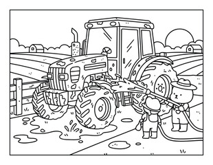 Obraz premium Tractor washing farm scene coloring page with cute farmer characters line art