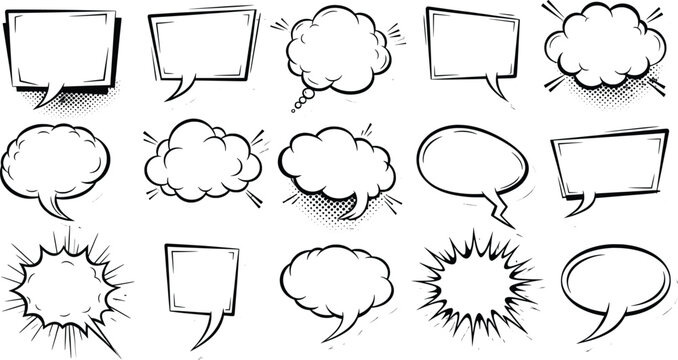 Collection of comic book style speech bubbles and thought clouds