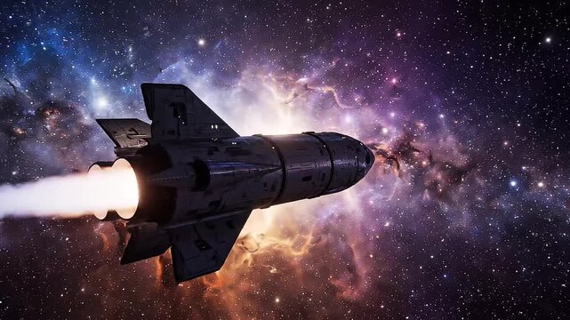 Deep space rocket drifting past glowing nebula, cosmic dust particles, lens flare, hyper realistic lighting, cinematic sci-fi, 4K