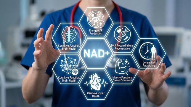 Doctor using virtual touch screen presses the text NAD+. NAD+ intravenous or syringe injection of vitamins, supplements, minerals medical concept. new