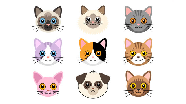 A set of 9 cartoon cat face illustrations arranged in a 3x3 grid against a white background.