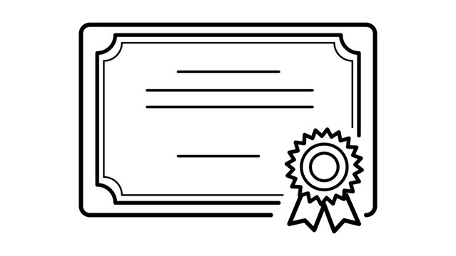 Certificate Award Vector Icon: A minimalist black line illustration on a white background representing a rectangular diploma or certificate with a decorative border and a seal with ribbons.