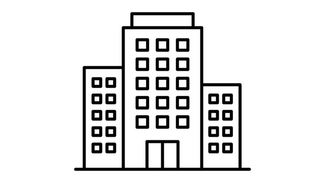 Minimalist Black Line Vector Icon of a Modern Multi-story Office Building or Skyscraper, Featuring Editable Stroke for Customizable Line Weight, Ideal for Architecture and City Design Graphics.