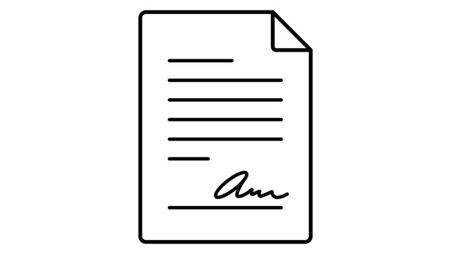Minimalist black line vector icon of a signed contract document on a white background. This scalable illustration represents a legal agreement, business paper, or official certificate for design.