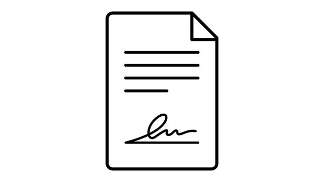 Minimalist black line vector icon of a signed contract document on a white background. This hand-drawn style illustration represents a legal agreement, business form, or official paper.