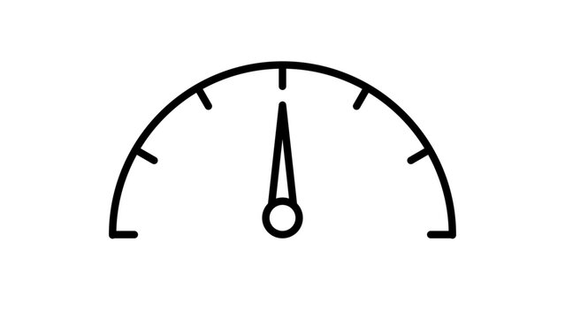 Minimalist Dashboard Gauge and Speedometer Semicircular Black Line Vector Icon on White Background, Featuring Editable Stroke for Performance, Speed, and Measurement Graphic Illustration.