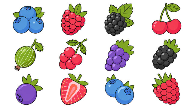 A set of 12 colorful cartoon-style illustrations of various berries arranged in a 3x4 grid against a white background.