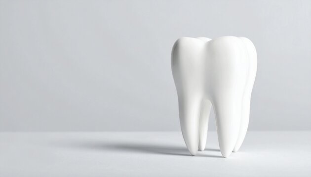 "A polished 3D model of a human tooth stands upright on a smooth gray surface, with realistic contours and ridges, symbolizing dental health, anatomy, oral hygiene, and medical education clarity."