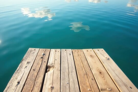 Sun-bleached dock, splintered wood, calm water reflection, still, splintered