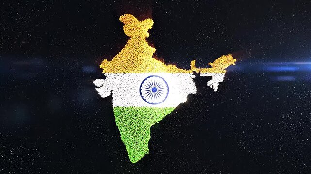 India map silhouette forming from glowing particles in tricolor gradient, digital cinematic animation, dark background