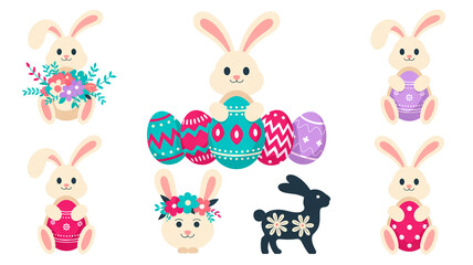 Obraz premium A set of Easter-themed illustrations arranged in a 3x3 grid on a white background.