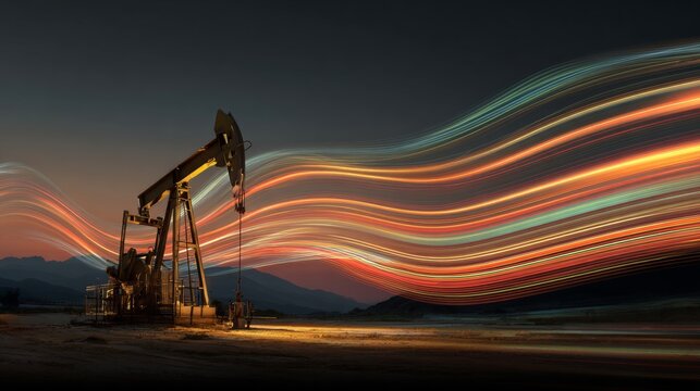Industrial motion: the silent dance of oil extraction in a desert oasis. Internet networks. Diligence in the desert: an unchanging oil pump jack amid arid majesty. Digital networking.