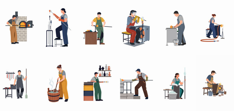A collection of flat illustrations depicting various professional glassblowers at work, showcasing different stages and techniques of the glassmaking process.
