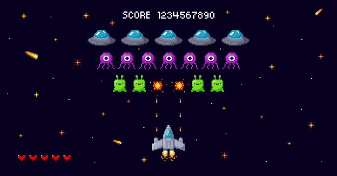 A pixelated space background for an arcade game with a ship shooting at aliens in a starry sky.
