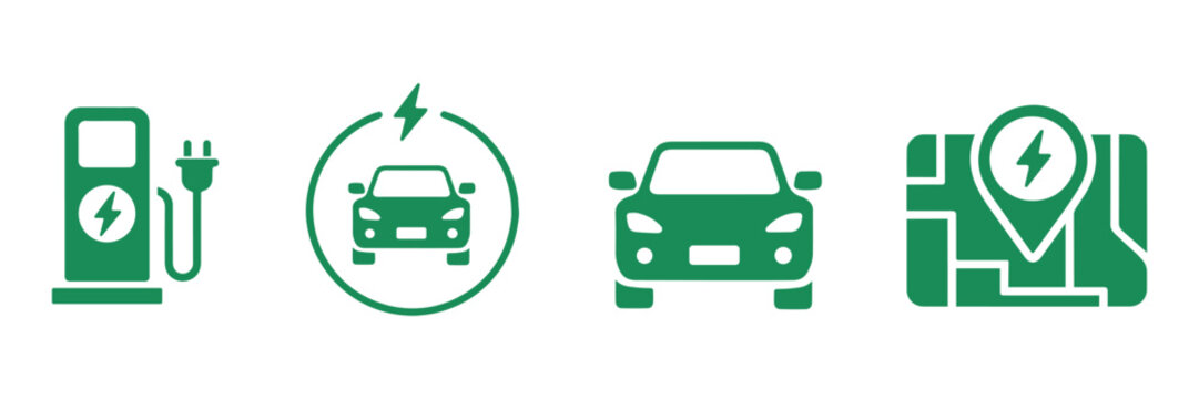 Electric vehicle charging station concept showing car and charging point location on map.