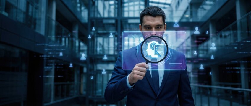 Exploring the future of ai technology business professional analyzing data insights in a modern office environment with innovative digital tools