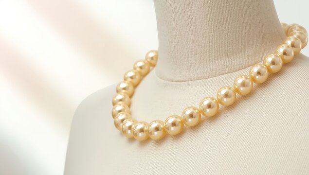 Handcrafted golden pearl necklace displayed on a mannequin. Fashion and jewelry theme. Close-up.