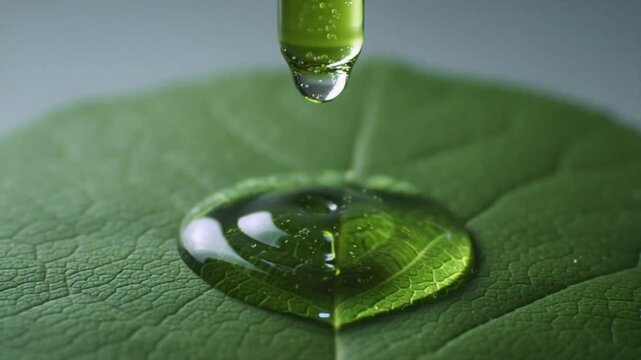 A video shows a dropper dripping oil onto a green leaf in a serene natural setting.