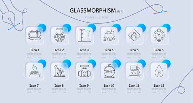 Oil gas industry infrastructure set icon. Line symbols with tanker wagon, chemical flask, storage tank silo, offshore platform, flammable warning sign, pressure gauge meter, gas burner flame