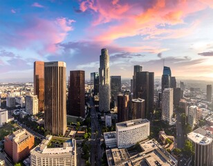 Fototapeta premium Cityscape view with skyscrapers under a vibrant pink and orange sunset sky