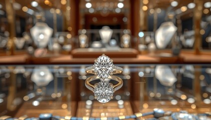 Fototapeta premium high-end jewelry showcase featuring a central diamond engagement ring and a gold band adorned with tiny diamonds