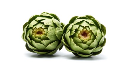 Fototapeta premium Whole green artichokes on a white backdrop, raw edible cynara buds, organic Italian vegetable.