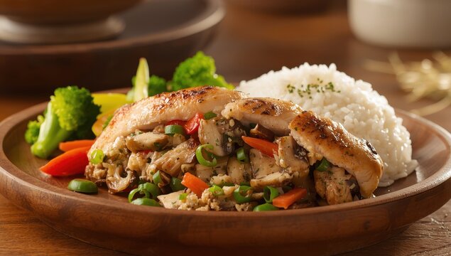 Oven-baked chicken breasts filled with mushrooms, scallions, peppers, and feta, served with steamed veggies and rice.