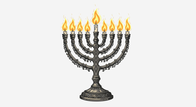 Menorah with lit candles on white background