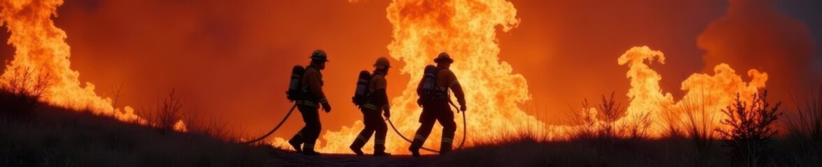 Fototapeta premium Firefighters practicing rescue techniques in a controlled burn environment, extinguisher, escape
