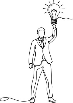 Continuous one line of a startup entrepreneur holding light bulb idea symbol, representing innovation, creativity, and entrepreneurship, style hand drawing vector illustration.