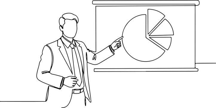 Continuous one line of a business executive pointing at pie chart presentation, representing reporting, analysis, and decision making, style hand drawing vector illustration.