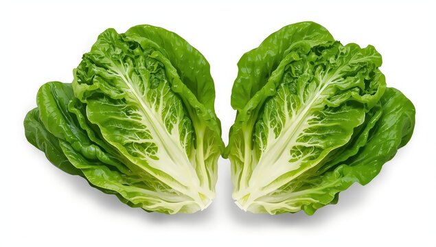 Two separate romaine lettuce salads. Fresh green cos leaves and raw romaine cabbage on a white backdrop, healthy leafy salad.