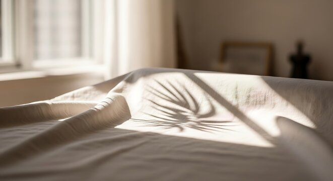 A serene bedroom scene with sunlight casting leaf shadows on a neatly made bed indoors.