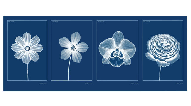 Set of four botanical cyanotype prints featuring cosmos, anemone, orchid, and rose flowers on a deep blue background