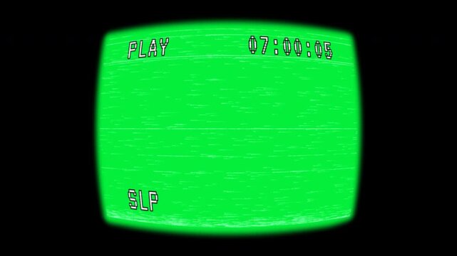 Vibrant green screen pulses with nostalgic VHS static, complete with classic play text and retro timecodes, offering the ultimate vintage overlay for creative video editing and multimedia productions.